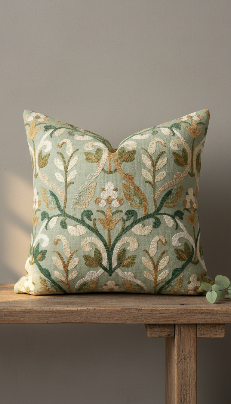 Coussin brodé motif botanique