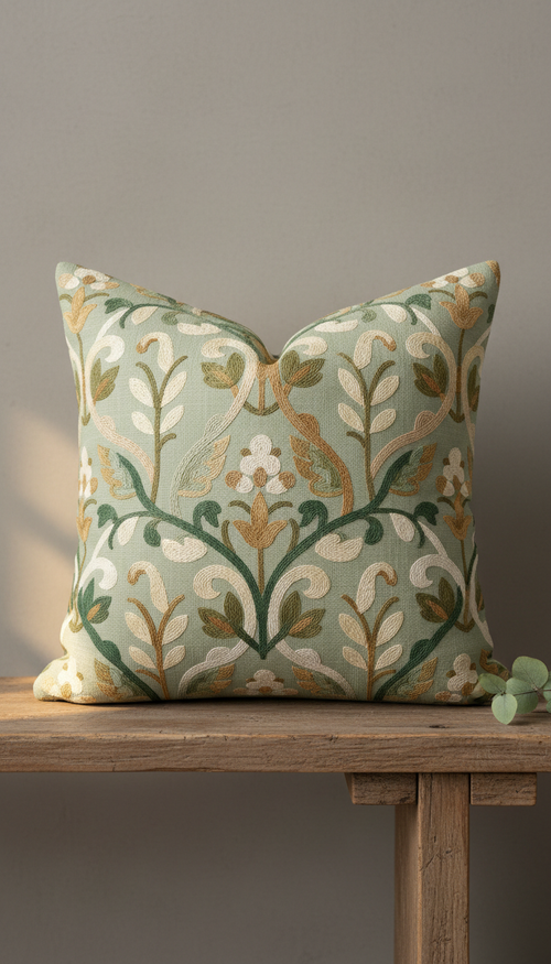 Coussin brodé motif botanique